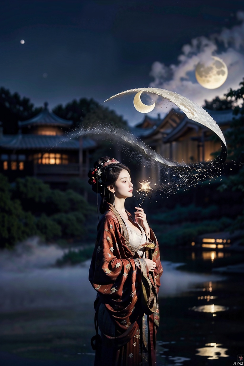  masterpiece,best quality,extremely detailed 8K wallpaper,1girl,chang,long sleeves,huge breasts,((moon)),starry sky,(lighting particle),fog,snow,(bloom), qingsha