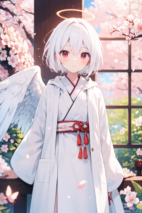  solo, looking at viewer, short hair, red eyes, long sleeves, 1boy, holding, standing, white hair, male focus, wings, indoors, hood, blurry, halo, bug, butterfly, feathered wings, angel wings, robe, blurry foreground, white wings, angel, string, picture frame, silk, spider web, painting \(object\), white robe, hooded robe，(Okami dog:1.2), front of a mega cherryblossom tree, mega structure, amazing bloomed tree, flower petal wind, insanely detailed