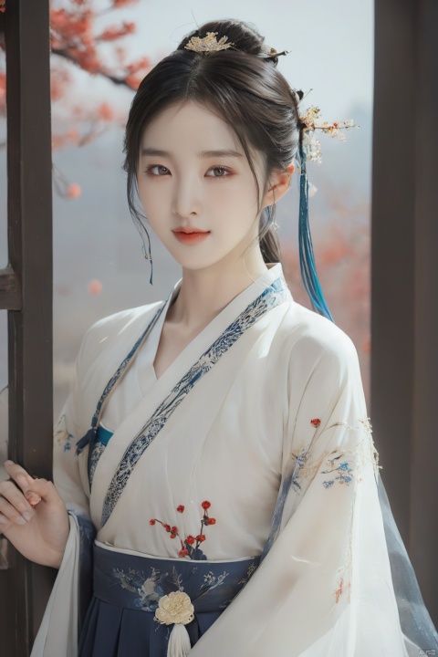  best quality, masterpiece,cowboy_shot,(Good structure),,a girl,xianjing,Off-the-shoulder, bust photo,upper body,Hanfu, Cloud, Smoke,branch,flower, smile,Gaze at the audience, Ink scattering_Chinese style, ((poakl)), ,looking_at_viewer,kind smile, , chinese dress,white dress, liuyifei,long_hair