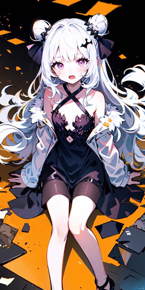  1girl, solo, long hair, breasts, looking at viewer, blush, open mouth, bangs, hair ornament, long sleeves, ribbon, bare shoulders, sitting, very long hair, purple eyes, collarbone, jacket, hair ribbon, grey hair, small breasts, open clothes, puffy sleeves, hair flower, off shoulder, hair bun, star \(symbol\), sleeves past wrists, fur trim, double bun, black ribbon, halterneck, white jacket, puffy long sleeves, star hair ornament, criss-cross halter,(style of rebecca guay:1.4), masterpiece, best quality, ultra high res, beautiful, incredible details, intricate, (dark theme, horror, gothic:1.2), 1girl, black hair, red eyes