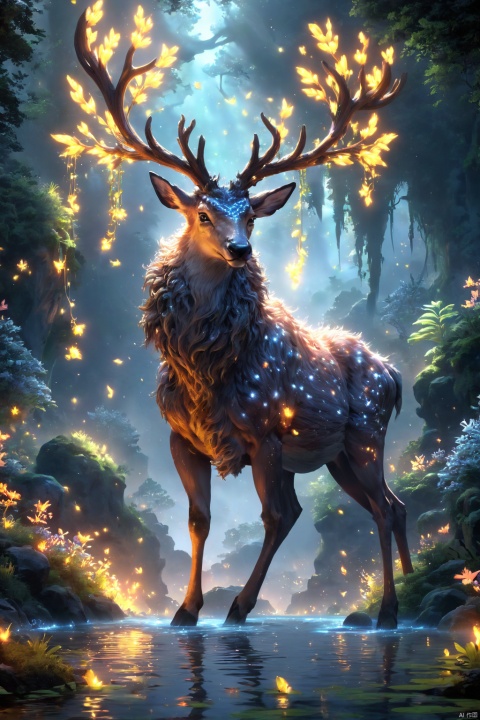 (best illustration), (best shadow), glowing elf with a glowing deer, drinking water in the pool, natural elements in forest theme. Mysterious forest, beautiful forest, nature, surrounded by flowers, delicate leaves and branches surrounded by fireflies (natural elements), (jungle theme), (leaves), (branches), (fireflies), (particle effects) and other 3D, Octane rendering, ray tracing, super detailed ,deer