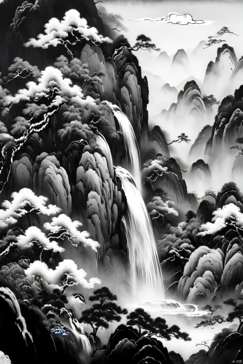  Colorful Chinese Painting, a Chinese painting of a mountain landscape with trees and a waterfall, monochrome, highly detailed, ultra-high resolutions, 32K UHD, best quality, masterpiece,