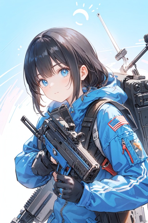 Close up of a female soldier, futuristic, armoured blue spacesuit, holding a rifle, background is rocky terrain with three moons