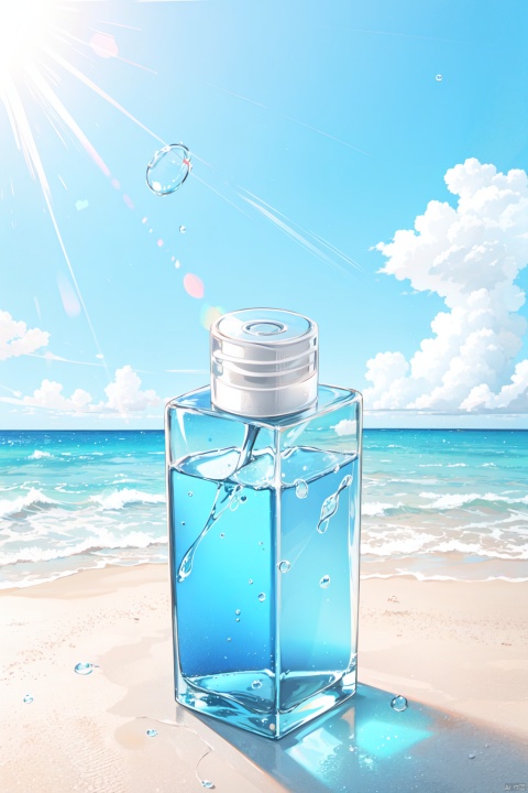 Super realistic scene,makeup bottle,blue sky background,water,sunlight,low perspective,blender,product rendering,HD 8K