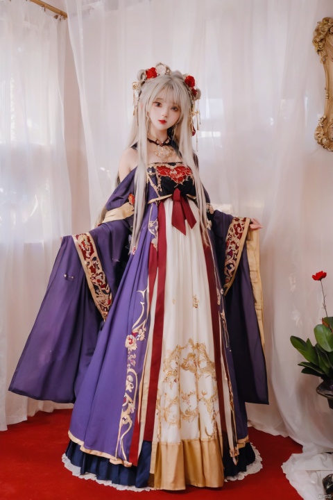 purple red and gold trim, fantasy, lolita dress, petticoat, twin tails, white hair, gold hair ribbon, red eyes, thick hair, super long hair, full body, floor length hair