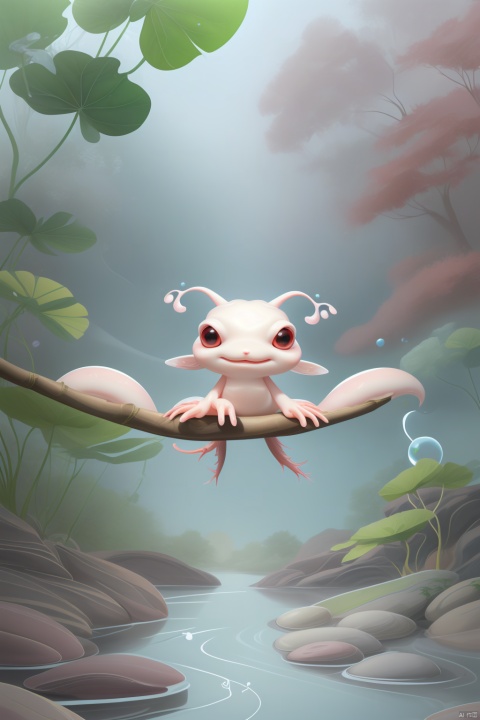 a cartoon drawn creature, 1creature, Axolotl, white creature, salamander, solo, smile, no humans, nature, plant, leaf, bubbles, river, pebble