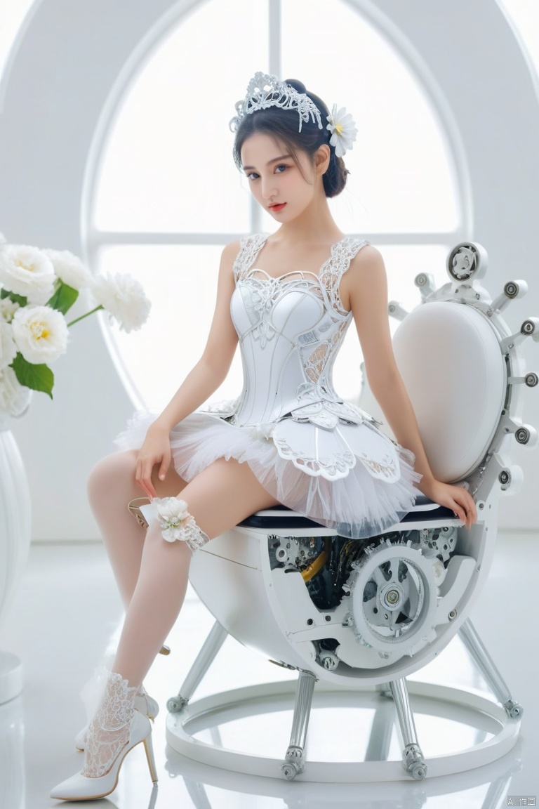 (masterpiece:1.2), (best quality:1.2), newest, intricate details, ai-generated, perfect anatomy, white theme, beautiful android girl, detailed mechanical parts visiblem, embossing decoration on body, flower design silver trim on mechanical parts, wearing white lace leotard and (tutu:1.2), white soft light, white shiny room with smooth surfaces, girl sitting to viewer, futuristic chair
