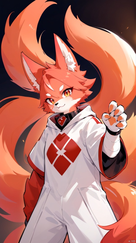 Anthropomorphic kitsune furry with nine tails with white clothing with dark red details for profile picture