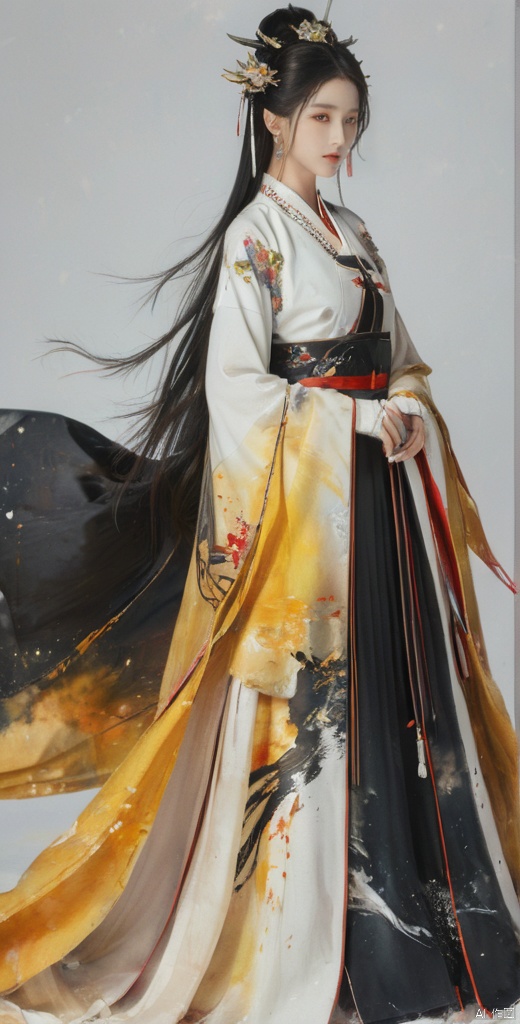  masterpiece, best quality, ,solo, long sleeves, chinese clothes, white background, traditional media,hanfu,weapon, long hair, 1boy , 1girl, white hair, yellow eyes, gloves, black gloves, halo, standing, closed eyes, armor, full body, very long hair, closed mouth, white coat, breasts, looking at viewer, coat, wide sleeves, dress, long sleeves ,, watercolor