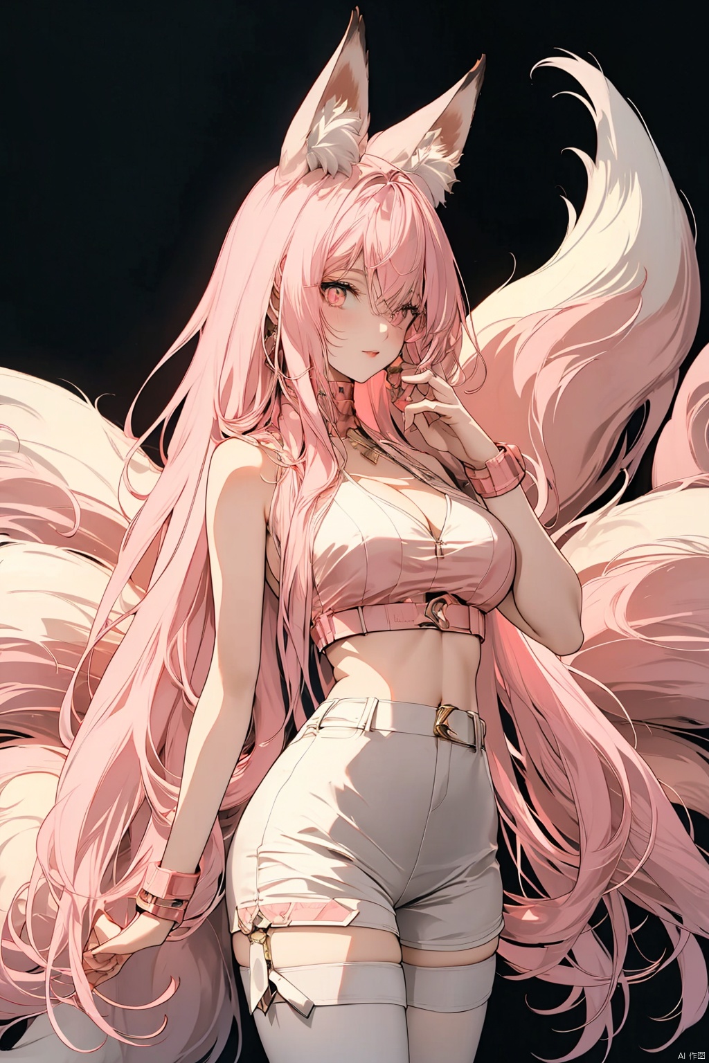 dynamic angle, wide shot, ((Pink light:1.2)), mature female, light pink hair, red crimson  eyes, fox ears, red fox tails, ((night:1.2)), cowboy shot, ((red and pink atmosphere:1.0)), glowing fox tails, ((9 tails:1.2)), red body glow, beautiful face, masterpiece, best quality, extremely detailed cg unity 8k wallpaper, high-quality, ultra-detailed, depth of field, illustration, beautiful detailed wallpaper, accurate anatomy to hands and fingers, mksks, Art Style 2.0, starrystarscloudcolorful, lora:more_details:0.5