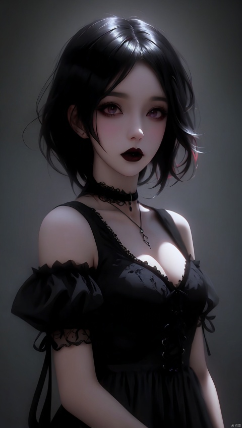 Beautiful girl,goth,short hair,black hair,dark eyes,lolita dress,gothic choker,intricate details,volumetric light,anime style