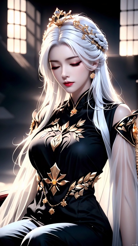 (1girl),white hair and yellow eyes,(emperor,black see-through clothes),(crown:1.1),sitting on the throne,eyes slightly closed,head down,(shy:1.2 ),(makeup),high contrast,(best illumination),(an extremely create and beautiful),(cinematic light),colorful