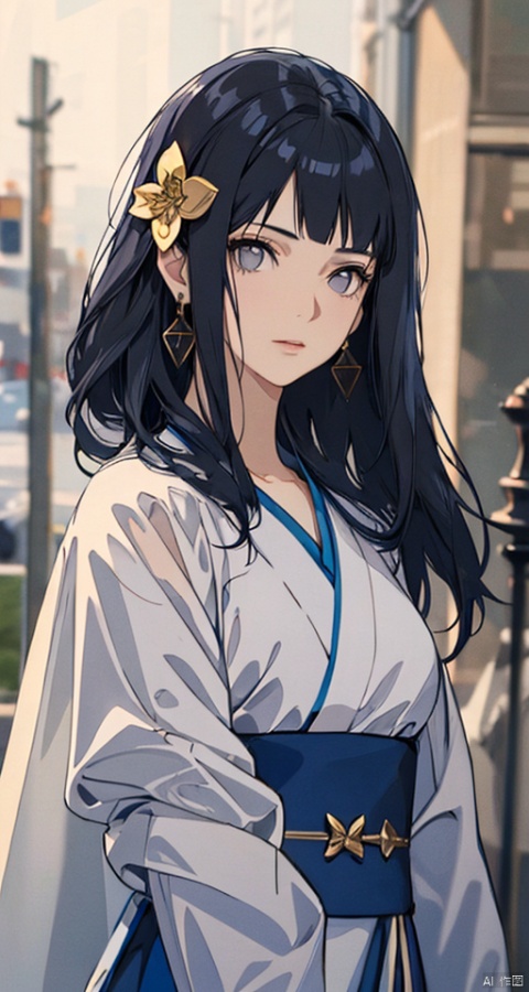  1girl, solo, jewelry, black hair, earrings, blurry background, black eyes, blurry, hair ornament, upper body, flower, realistic, looking at viewer, long sleeves, lips, dress, closed mouth,best quality,masterpiece,realistic,HDR,UHD,8K,masterpiece,realistic,hanfu, mtianmei, mpaidui