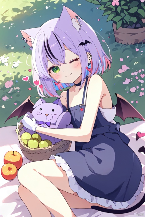  best quality, 1girl, one eye closed, demon wings, solo, tail, demon tail, dress, on side, wings, closed mouth, purple eyes, black dress, long hair, bare shoulders, multicolored hair, lying, hair ornament, smile, feet out of frame, stuffed toy, bangs, demon girl, star (symbol), frilled dress, looking at viewer, blush, stuffed animal, bare arms, frills, blurry, strap slip, depth of field, black wings, sleeveless dress, streaked hair, purple hair, grey hair, blue hair, bed sheet, pillow, bat hair ornament, blurry background, very long hair, ear piercing, earrings, collarbone, object hug, hair between eyes, bow, sleeveless, choker，(female): solo, (perfect face), (detailed outfit), (20 years old), (chibi), (((heart:1.3))), fruit farmer, (cat ears:1.2), happy, smiling, (dancing), purple hair, short hair, bob cut hair, green eyes, light skin, (denim overalls), (rubber boots), straw hat, (basket of fruits), (gardening gloves)

(background): from front, outdoor, orchard, (fruit trees), (ladder), (baskets), (birds), morning, sunny

(effects): (masterpiece), (best quality), (sharp focus), (depth of field), (high res), more_details:-1, more_details:0, more_details:0.5, more_details:1, more_details:1.5