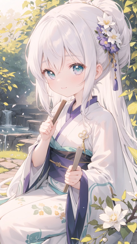  1 girl, solo, long white hair, shiny green eyes, detailed eyes, blink and youll miss it detail, silk hanfu, white robe hanfu, purple glittering butterflies, outdoors, flower garden, high quality, ancient chinese hanfu, floral background, very detailed，Pixar style Portrait of a happy little girl having breakfast