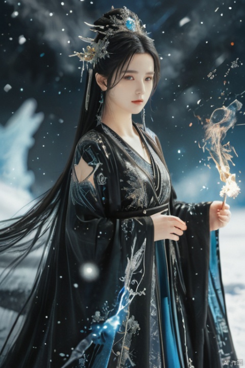 1girl, fantasy world, with, detailed magic robe, beautiful dress, best quality, full body, ice magic, blue hair, deep blue eyes, lora:more_details:1, OuterWorldAI