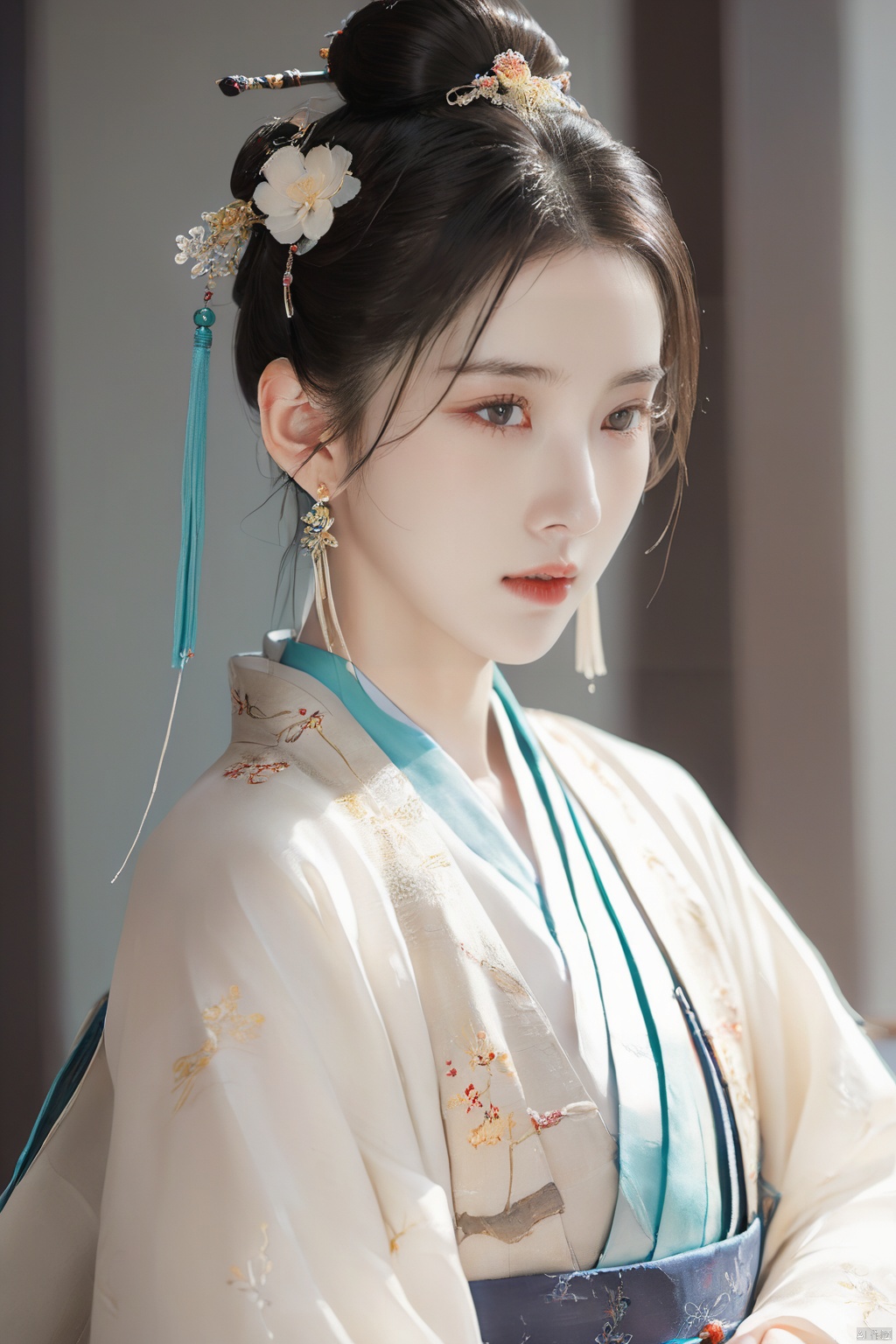  1.3, Masterpiece, Highest Quality, High Resolution, Details: 1.2, 1 Girl, Bun, Hairpin, Beautiful Face, Delicate Eyes, Tassel Earrings, Necklaces, Bracelets, Hanfu, Su Embroidered Hanfu, Streamers, Ribbons, Elegant Stand Posture, Aesthetics, Movie Lighting, Ray Tracing, Depth of Field, Layering,Fluttering, Hanfu, qingsha
Negative Prompt：ugly, tiling, poorly drawn hands, poorly drawn feet, poorly drawn face, out of frame, extra limbs, disfigured, deformed, body out of frame, bad anatomy, watermark, signature, cut off, low contrast, underexposed, overexposed, bad art, beginner, *******, distorted face