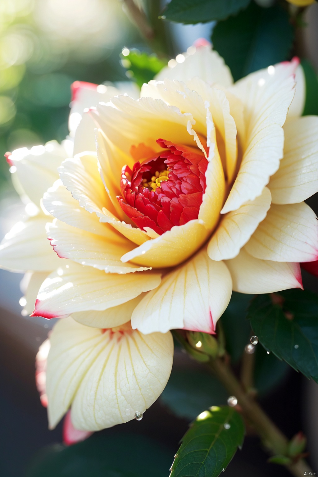  Naturalistic painting, light tracing, vibrant colors, (water mist, morning, dew, red camellia, yellow flower, volume light, Dynamic Angle of View :1.4), charming visual effects, 100mm f/2.8 macro lens, close-up, award-winning photos, red camellia made up of zavy-light, Artnthrmg, Showing the clear texture and layering of the petals, the overall has an elegant and unique aesthetic,