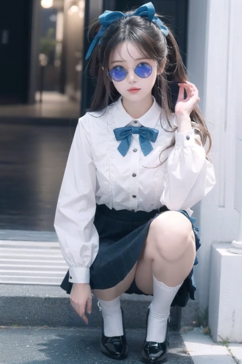 monocular glasses,masterpiece, best quality, best quality,Amazing,beautiful detailed eyes,1girl, solo,finely detail,Depth of field,extremely detailed CG unity 8k wallpaper, solo focus,{{{kafuu_chino}}}, blue_bow, blue_eyes, blue_footwear, blue_neckwear, blush, bow, hair_ornament, hairclip, long_hair, long_skirt, long_sleeves, rabbit_house_uniform, shirt, shoes, skirt, white_legwear, x_hair_ornament, {loli}.,