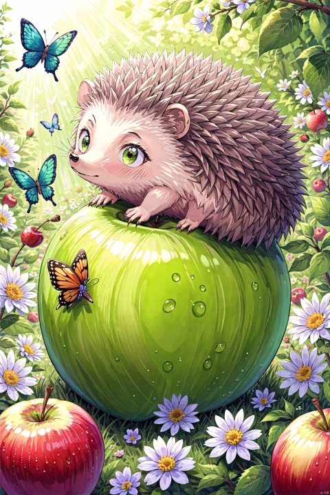 a green apple and flowers at the bottom,a hedgehog crawls over an apple and sniffs a butterfly