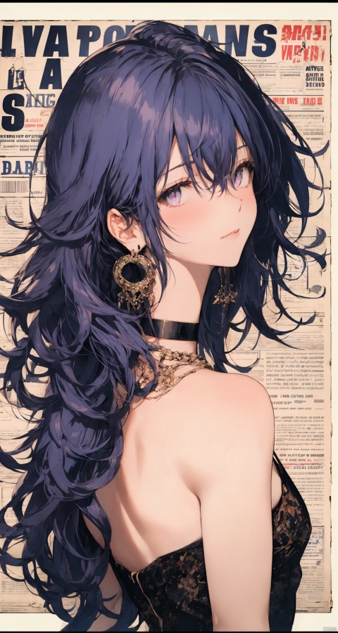  Colorful background, 1girl, long hair, solo, jewelry, looking at viewer, earrings, upper body, red choker, bangs, choker, bare shoulders, closed mouth, hair intakes, dress, wavy hair, sleeveless, necklace, letterboxed, looking back, head tilt, msaibo, evil, mjiaocha,1girl, official, purple eyes,