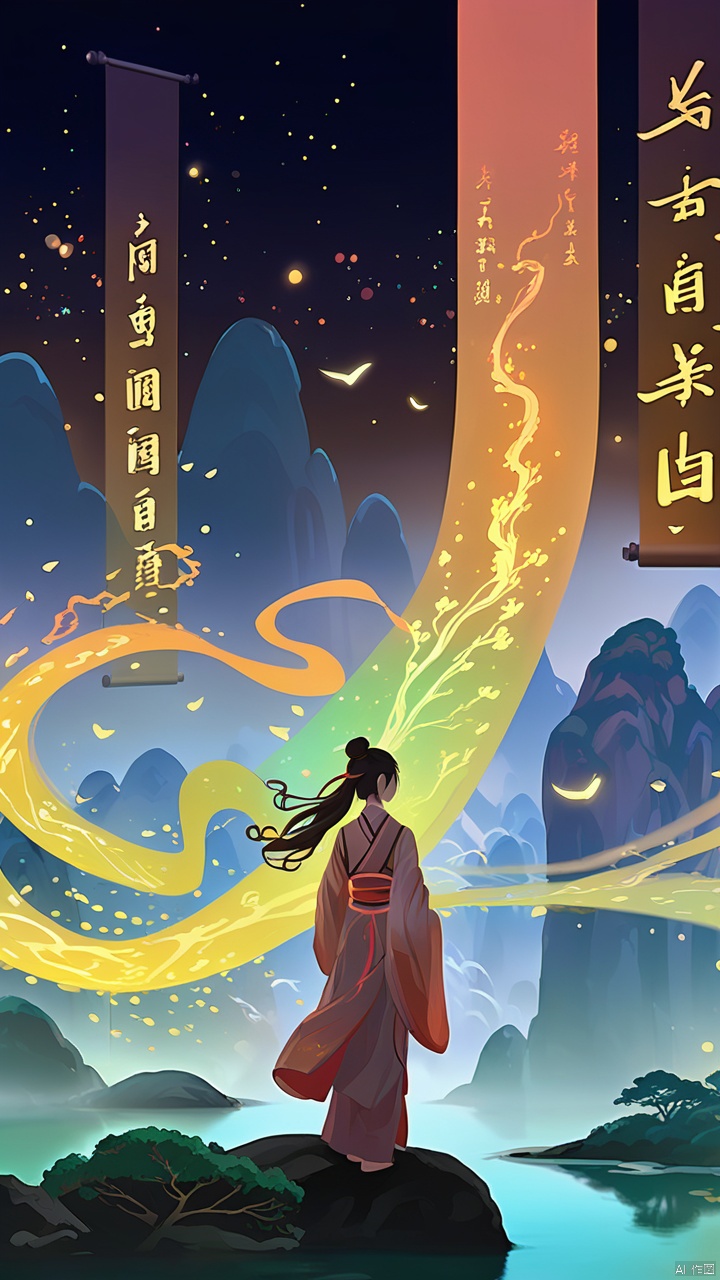  Ash,(Huge scroll floating in the sky) A girl, fantasy concept, glowing text color river particles, scenery, trees, mountains, Zen Chinese festival aesthetics