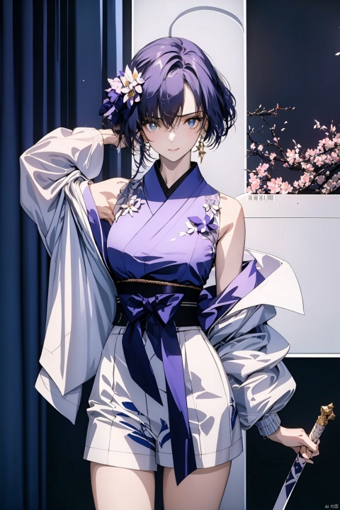 1girl, purple hair, dark purple hair, purple clip on hair, wearing Japanese clothes, Japanese clothes, purple and white Japanese clothes, holding a sword, holding a purple shiny sword, glowing purple sword, Japanese type sword, background charry blossom trees, beautiful pinkish charry blossom trees, dark purple sky, look at the view, lora:more_details:0.5, vibrant colors, masterpiece, sharp focus, best quality, depth of field, cinematic lighting, lora:more_details:0.5