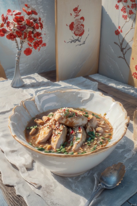 there is a bowl of food on a table with a spoon,healthy,rice,chicken,yummy,wok,bowl full of food,pork,salty,kitchen,stew,artistic render,Chinese,Moroccan,high image quality,oriental,rich texture,by Jason Felix,elaborate,in style of mike savad,multi-layer,high quality photos