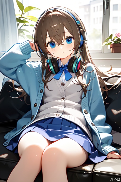 nakano miku, 1girl, solo, headphones around neck, blue eyes, brown hair, skirt, thigh, long hair, hair between eyes, blue cardigan, green skirt, long sleeves, cardigan, thigh