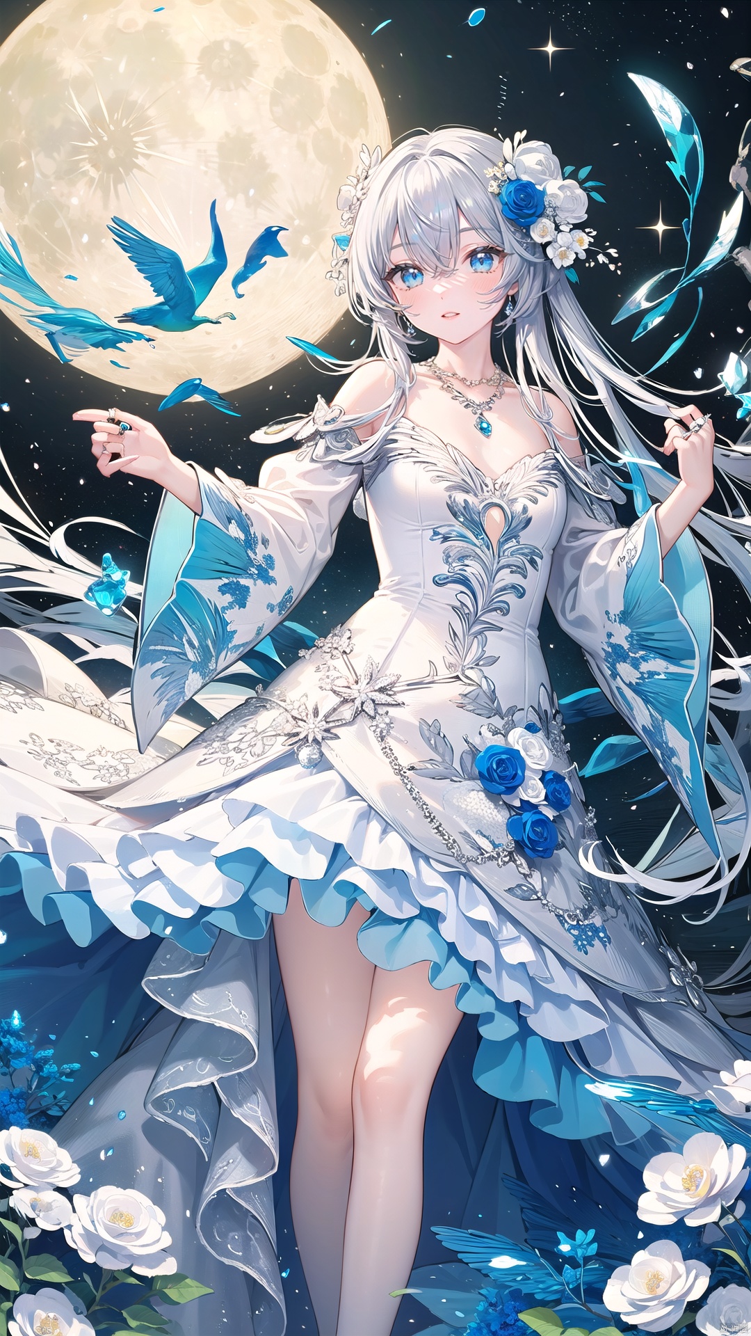  1 girl, white field, flowers, solo, blue eyes, looking at the audience, white long hair, white flowers, wreaths, light lips, dress, crystal, moon, ring, bangs, wide sleeves, necklace, new moon, glow, white lace dress, walking, hair flower, planet, hair between eyes,


