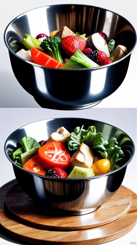 Natural food for dogs,in a stainless steel bowl,full of vegetables,greens,fruits and meat