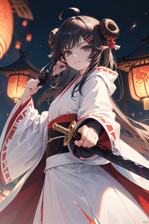  nai3, 1girl, solo, horns, eyjafjalla (arknights), brown hair, lantern, long hair, animal ears, looking at viewer, smile, hair bun, red kimono, kimono, japanese clothes, sash, double bun, upper body, long sleeves, hair ornament, sheep ears, sheep horns, paper lantern, wide sleeves, ahoge, red eyes, closed mouth, obi, bangs, hairclip, alternate costume, sheep girl, blurry, hand on own face, hand up，( an extremely delicate and beautiful, ultra-detailed, perfect anatomy, ultra-detailed, beautiful detailed eyes, super detailed skin, high resolution, extremely detailed CG, unity 8k wallpaper, dynamic lighting, cinematic lighting, an extremely delicate and beautiful, textile shading, caustics, sharp focus, perfect hands, dynamic angle, dynamic angle, perfect hands, perfect fingers), (1female, black hair, long hair, sharp eyes:1.5, villain face, black eyes, white coat, holding ominous sword with both hands:2.0, thrusting her sword at viewer:2.0, stabbing her enemy:2.0, dynamic action:2.0), (total dark:2.0), (realistic ultra details), (realistic ultra details)