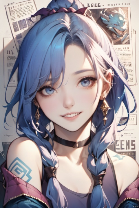  1girl, solo, long hair, looking at viewer, smile, bangs, blue eyes, gloves, bare shoulders, jewelry, blue hair, upper body, earrings, teeth, choker, black gloves, fingerless gloves, grin, twin braids, tattoo, brown gloves, head rest, asymmetrical bangs,braided ponytail,shoulder tattoo, jinx \(league of legends\)forehead,ponytail,