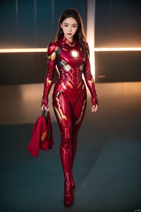4k,realistic,carismatic,very detail,there is a girl on top sky,wearing iron man costum,she is a iron man,super hero theme,black long hair,25 years old,full body