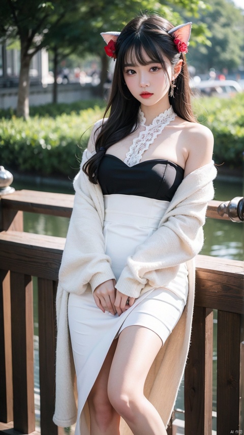 A perfect young female white-collar worker,Chinese big breasts,High picture quality,Works of masters,Black hair,Long hair shawl,Long hair flowing over the shoulders,Beach wavehairstyle,croppedshoulders,鎖骨,exquisite face,Hydrated red lips,Bandeau dress dress,stocklings,over knee socks,Lace skirt,Puff sleeve skirt,Tassel elements,Lace paneled elements,Openwork elements,Texture element,Real Human,CG rendering,16k,Stand up,Suzhou Garden,On the bridge,Do not show your hands,Close-up shot，\百鬼夜行_猫又\, {1girl, solo, alone, cat girl, cute, adorable, black hair, cat eyes, cat ears, hair ornaments, colorful cute kimono, sash, flowers, pale skin, BREAK big red eyes, cute cat eyes}, masterpiece, best quality, ultra detailed, depth of field, ghost nocturnal, short bangs, short eyebrows, thick eyebrows, ghost nocturnal, short bangs, short eyebrows, thick eyebrows