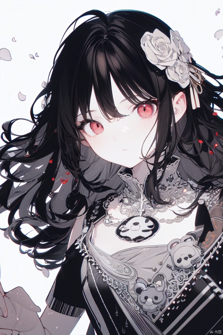 1girl:1.3, (line art:1.3), immunity:1.3, long hair, curly hair, loose hair, big hair, dense hair, black hair, red eyes, panda bear costume, intricate, simple, affordable, engraving, craftsmanship, (flowers, petals), enticing art pose, whimsical, absurdres, highres, ultra detailed, lora:more_details:0.5