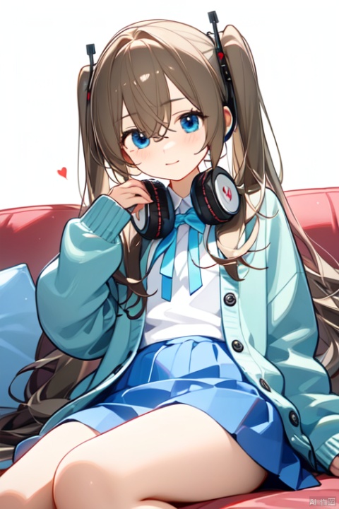 nakano miku, 1girl, solo, headphones around neck, blue eyes, brown hair, skirt, thigh, long hair, hair between eyes, blue cardigan, green skirt, long sleeves, cardigan, thigh