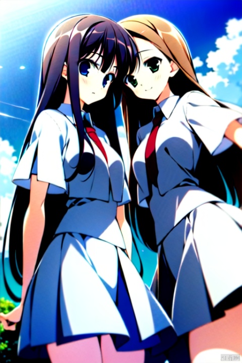  long hair, blue eyes, multiple girls, brown hair, black hair, dress, 2girls, school uniform, green eyes, necktie, day