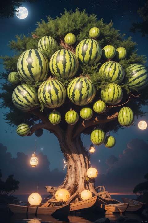  an image of a watermelon tree with lots of melon's growing in it, in the style of striped, emerald, igbo (ibo) art, i can't believe how beautiful this is, 32k uhd, beautiful,A painting of a river with stars and moon in the sky,concept art inspired by Tosa Mitsuoki,pixiv contest winner,best quality,fantasy art,beautiful anime scene,a bright moon,moonlit starry environment,dream painting,Anime Background Art,Fantasy Landscape Art,Fantasy Night,Anime Background,Background Artwork,Fantastic Art,Atmospheric Anime,Starry Sky,Detail Enhanced.