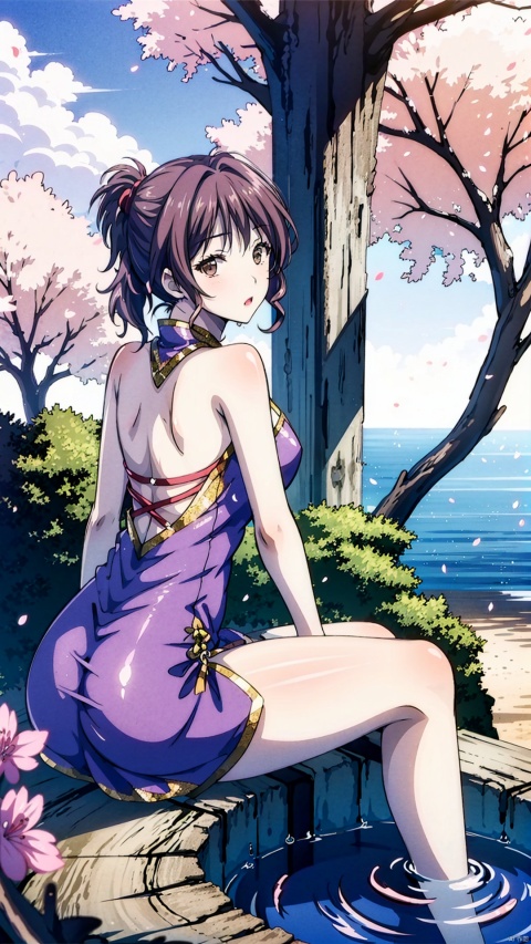  1girl, solo, long hair, looking at viewer, brown hair, dress, brown eyes, sitting, ponytail, ass, flower, outdoors, sky, day, water, tree, bare legs, chinese clothes, cherry blossoms, china dress, purple dress, branch