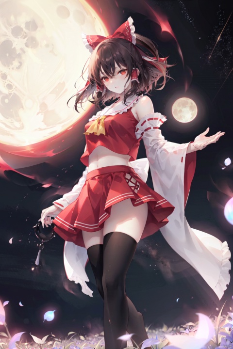  1girl, solo, hakurei reimu, bow, skirt, detached sleeves, thighhighs, gohei, hair bow, red skirt, hair tubes, frills, ofuda, red bow, ribbon trim, sarashi, hair between eyes, brown hair, white thighhighs, looking at viewer, bangs, red shirt, holding, brown eyes, shirt, bare shoulders, wide sleeves, short hair, frilled skirt, gradient, ribbon-trimmed sleeves, sidelocks, frilled bow, gradient background, chromatic aberration, red background, breasts, from below, black background, standing，full body, portrait of cute redhead girl, standing on a lavender field,  motion, wispy hair, realism, high-quality rendering,  film grain, Fujifilm XT3, dreamy, acne, freckled, blemish, 85mm, nikkor, fuji provia, fuji portra, night, (stars:1.2), starry sky, milky way, moon, moonlight, astrophotography, backlight, darkness, dark, (underexposed:1.3), rimlight,