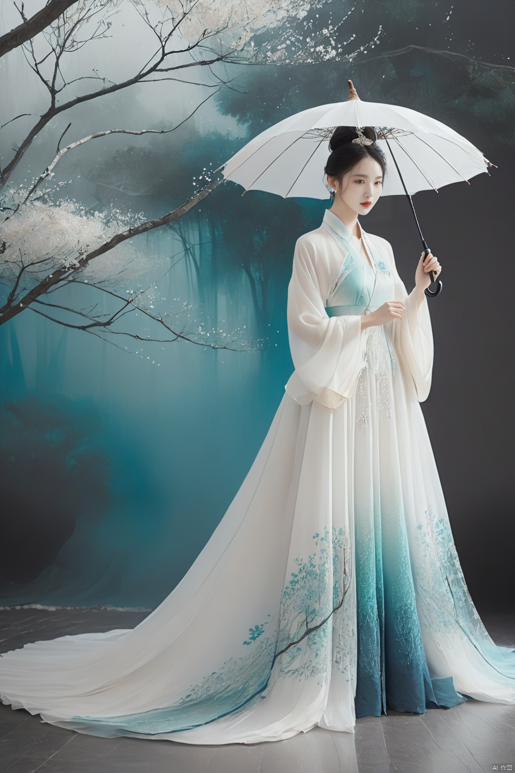  
/I Foreground a tree,  Chinese beauty holding an umbrella, cyan and white color matching, ink painting minimalist style, large white space, tulle translucent material, soft gradient, perspective aesthetics