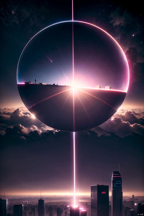 8K,UHD,RAW,hires,(photorealistic:1.4),Cinematic lighting,depth of fields,bloom,glare,lens effects,lens flares,a spaceship havoring on alien planet,scifi,pink and blue tone,cyberpunk city,low saturation,foggy,big bang,mega robot destroy the world,  cloud space gate control by ai