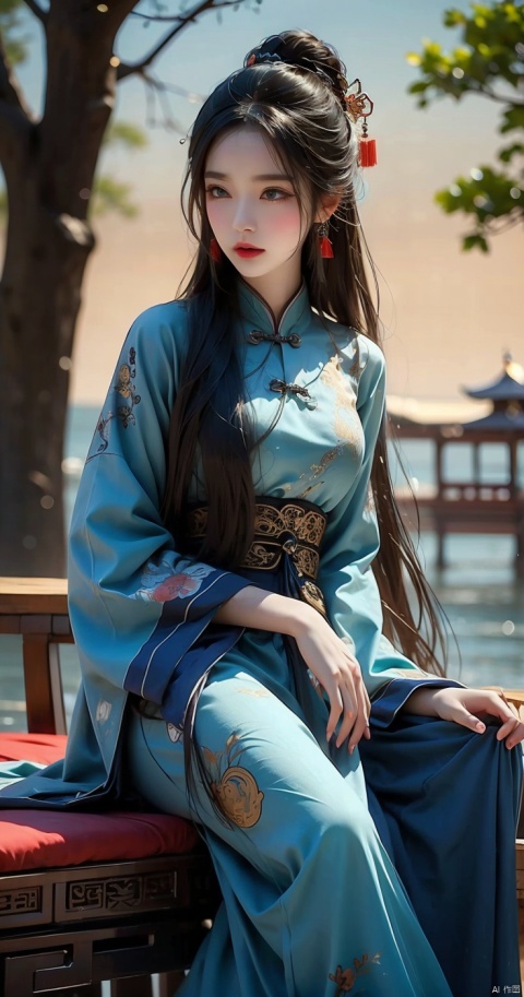 An ancient Chinese beauty lying on the tree trunk, wearing flowing tulle, light yarn, graceful figure, dressed in Chinese ancient clothes, lazy posture, wicker swaying, ink painting style, blank, freehand, blue green color, masterpiece, super detailed, epic composition, high quality, the highest quality, 4k