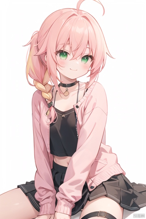  (masterpiece), (best quality),artist azure, 1girl,loli, solo, pink hair, ahoge, sitting, skirt, green eyes, looking away, smile, black skirt, long hair, looking to the side, long sleeves, bangs, hair between eyes, closed mouth, hand between legs, between legs, yellow background, blush, sleeves past wrists, pink cardigan, jacket, thigh strap, simple background, pink jacket, cardigan, virtual youtuber, two-tone background,[artist mmd],masterpiece,best quality,illustration,city street,1girl,mordred\(fate\),cowboy shot,skinny,collarbone,detailed blonde hair ponytail braid,green eyes,red leather jacket,white crop top,denim shorts
