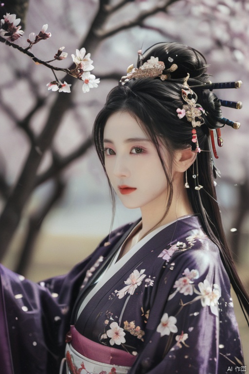 1girl, purple hair, dark purple hair, purple clip on hair, wearing Japanese clothes, Japanese clothes, purple and white Japanese clothes, holding a sword, holding a purple shiny sword, glowing purple sword, Japanese type sword, background charry blossom trees, beautiful pinkish charry blossom trees, dark purple sky, look at the view, vibrant colors, masterpiece, sharp focus, best quality, depth of field, cinematic lighting, lora:more_details:0.5, Mommy Waifus