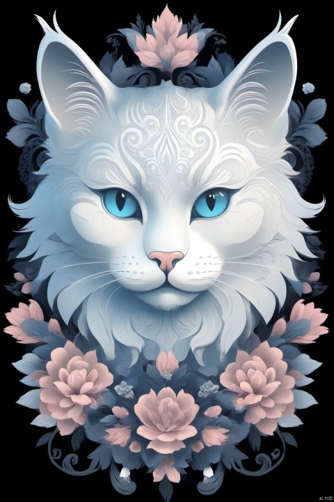  Intricate vector illustration design of a cute Cat for t-shirt, pattern Elegant, sophisticated, intricate line work, ornate details, muted color scheme, subtle gradients. Art and mathematics fusion, hyper detailed, trending at artstation, sharp focus, studio photography, intricate detail, highly detailed, centered, perfect symmetrical, bright color, solid white background, with adobe illustrator, in the style of Studio Gibli