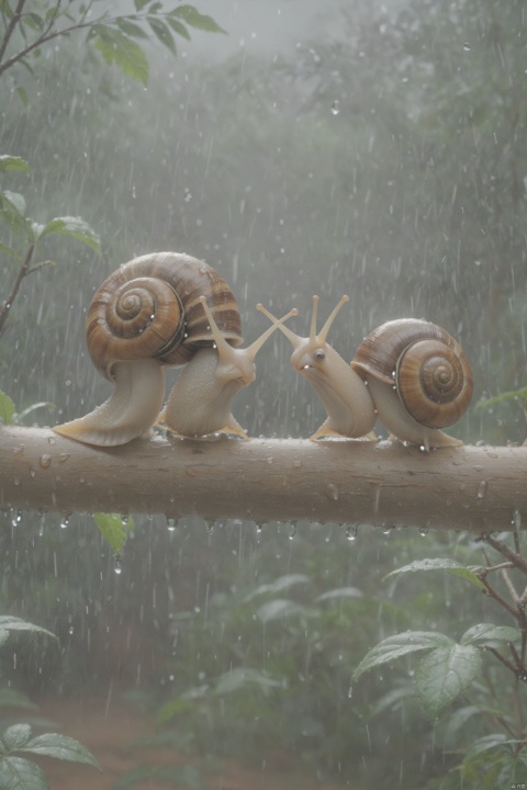  ((masterpiece)), ((best quality)), 3D animation style, two cute snails sitting on the tree branch looking at the rainforrest raining (Two snails sitting side-by-side:1.3)
, 3d stely, paopaoma