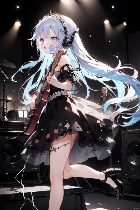 ps \(medium \), 1 girl, high quality, best quality, Hatsune Miku, blue hair, small breasts, long hair, (prominent pupil :1.2), (long black dress 1.8, flower, gilt decoration, high heels, floral headdress), (Singing, microphone, holding microphone in both hands, sad mood), (stage, large outdoor stage, dim, Spotlight, breeze, fluttering hair), (whole body 1.8), night, stretch legs, (face :2.0), (side face 1.8), pose, (playing electricity guitar:1.4), (Passers-by, spectators, blur:1.3)