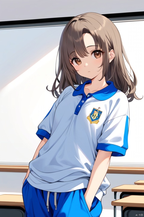  1girl, solo, long_black_hair, baggy_clothes, white polo_shirt with school_emblem, baggy_pants, oversized_blue_sweatpants, blue_joggers, oversized_clothes, blue_shirt_collars, short_sleeves, long_pants, blue_pants, cowboy_shot, white_background, simple drawing, (masterpiece)，classroom, blackboad, desk, chair, Windows, light_brown_hair, beautiful_hair, brown_eyes, beautiful_eyes, 1_beautiful_girl, cute_face, beautiful, best_quality, good_anatomy